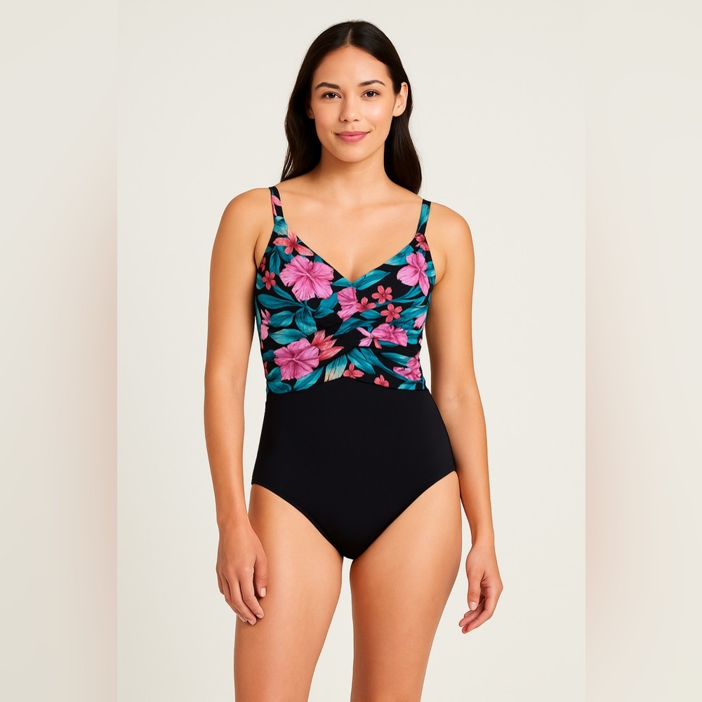 Lands’ End Floral One Piece Swimsuit Size 14 Black Pink Modest Swim